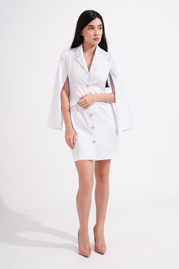 White Cape Sleeve Blazer Dress Graduation Dress Gold Button Tuxedo Dress Women Minimalist Cocktail Dress Blazer Dress Button Up TAVROVSKA