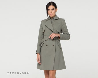 Trench coat womens, Military Olive green rain dress duster Coat, Double breasted overcoat, Cotton Mini green cloak TAVROVSKA