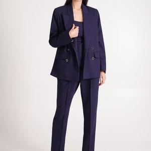 Navy pant suit women, Black dressy pant suit 3 piece set, Double-breasted Blazer and straight pants, Oversize jacket and pants