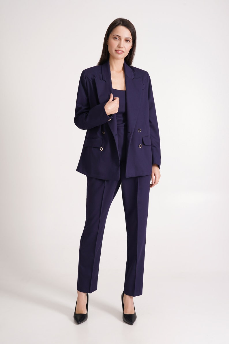 Navy pant suit women, Black dressy pant suit 3 piece set, Double-breasted Blazer and straight pants, Oversize jacket and pants