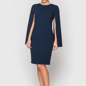 Elegant Navy Blue Cape Sleeve Dress, Midi Cocktail Dress for Women, Sheath Formal attire, Chic Evening Dress, Wedding guest outfit