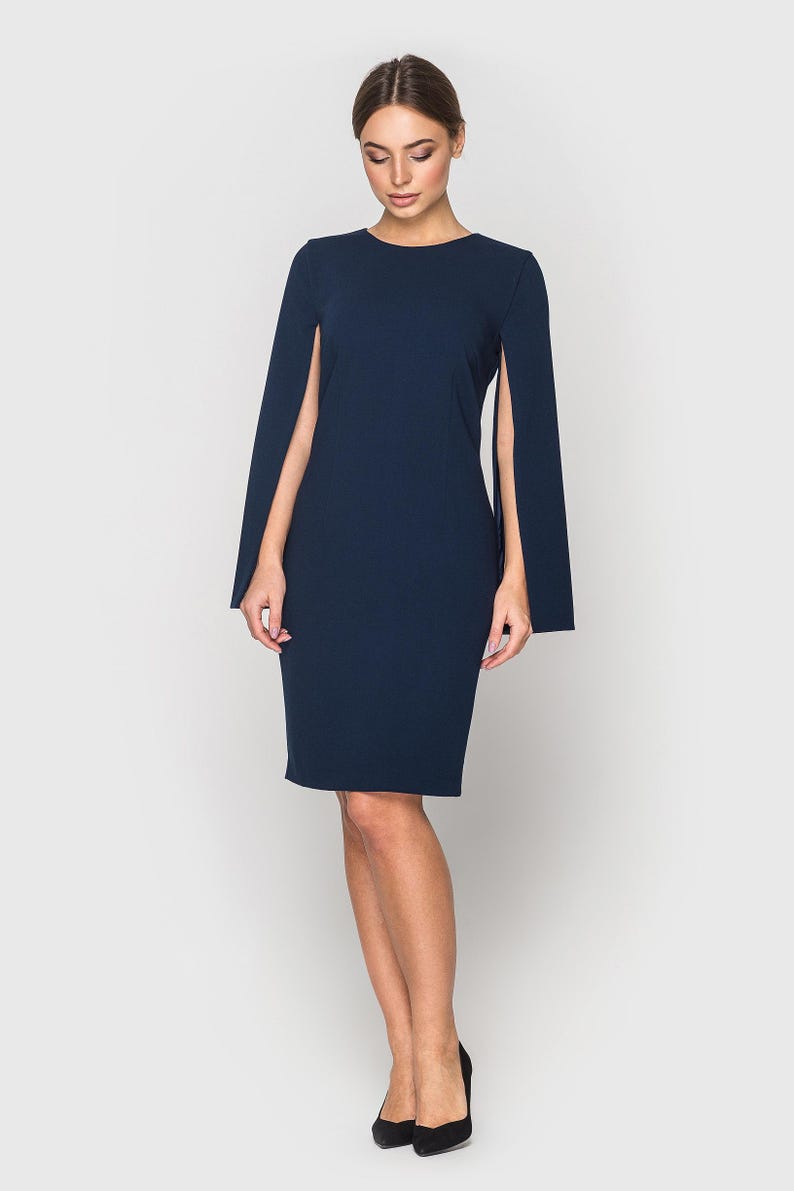 Elegant Navy Blue Cape Sleeve Dress, Midi Cocktail Dress for Women, Sheath Formal attire, Chic Evening Dress, Wedding guest outfit