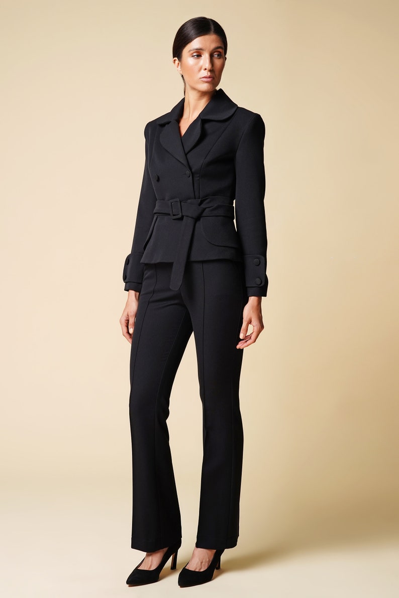 womens black tuxedo pants with satin stripe