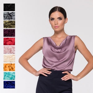 Blusa de cetim sem mangas para mulheres, blusas de cetim de seda estilo halter, blusa de gola canoa cinza-rosa para escritório, blusa para usar no trabalho, roupa de trabalho TAVROVSKA