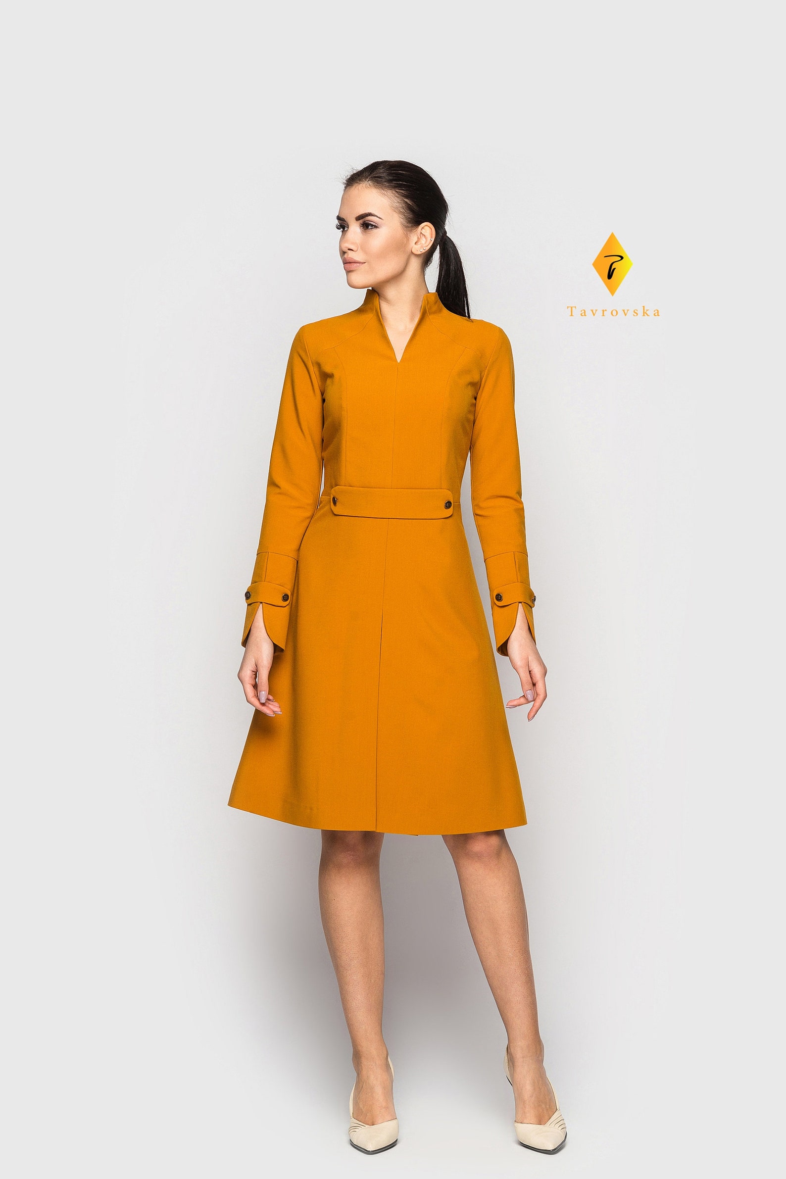 Mustard Cocktail Dress Wedding Guest Stand Collar Dress Long - Etsy