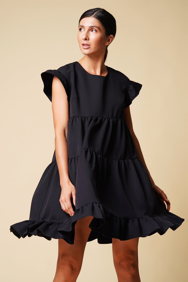 Ruffled loose dressed for women Simple wedding guest dress Black frilly dress Cocktail mini dress women Minimalist dress TAVROVSKA