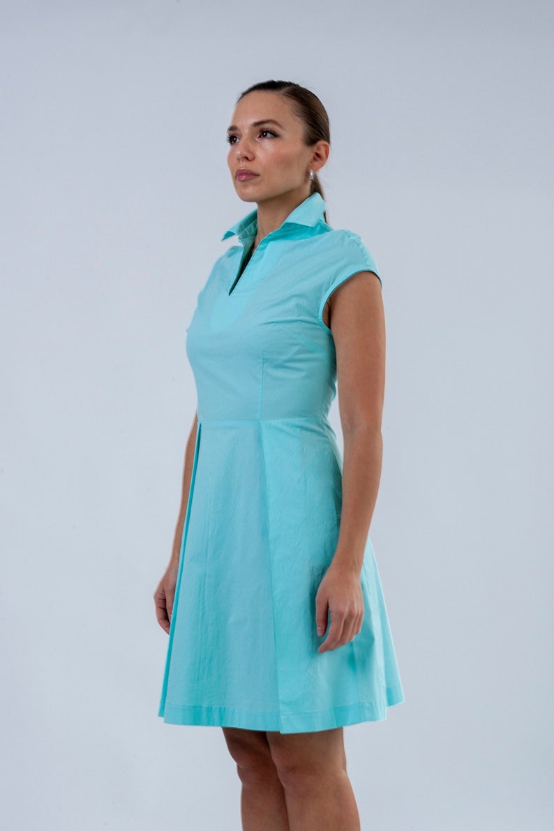 Stand-up collar shirt dress for women, Turquoise Blue pleated mini dress, Casual summer dress, Casual day dress Smart casual dress