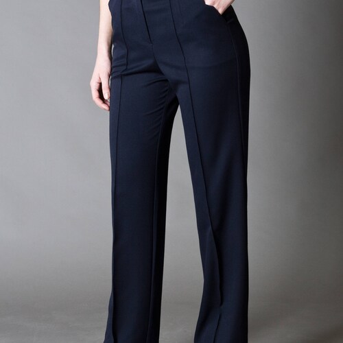 Navy High Waist Trousers, Straight Leg Office Pants