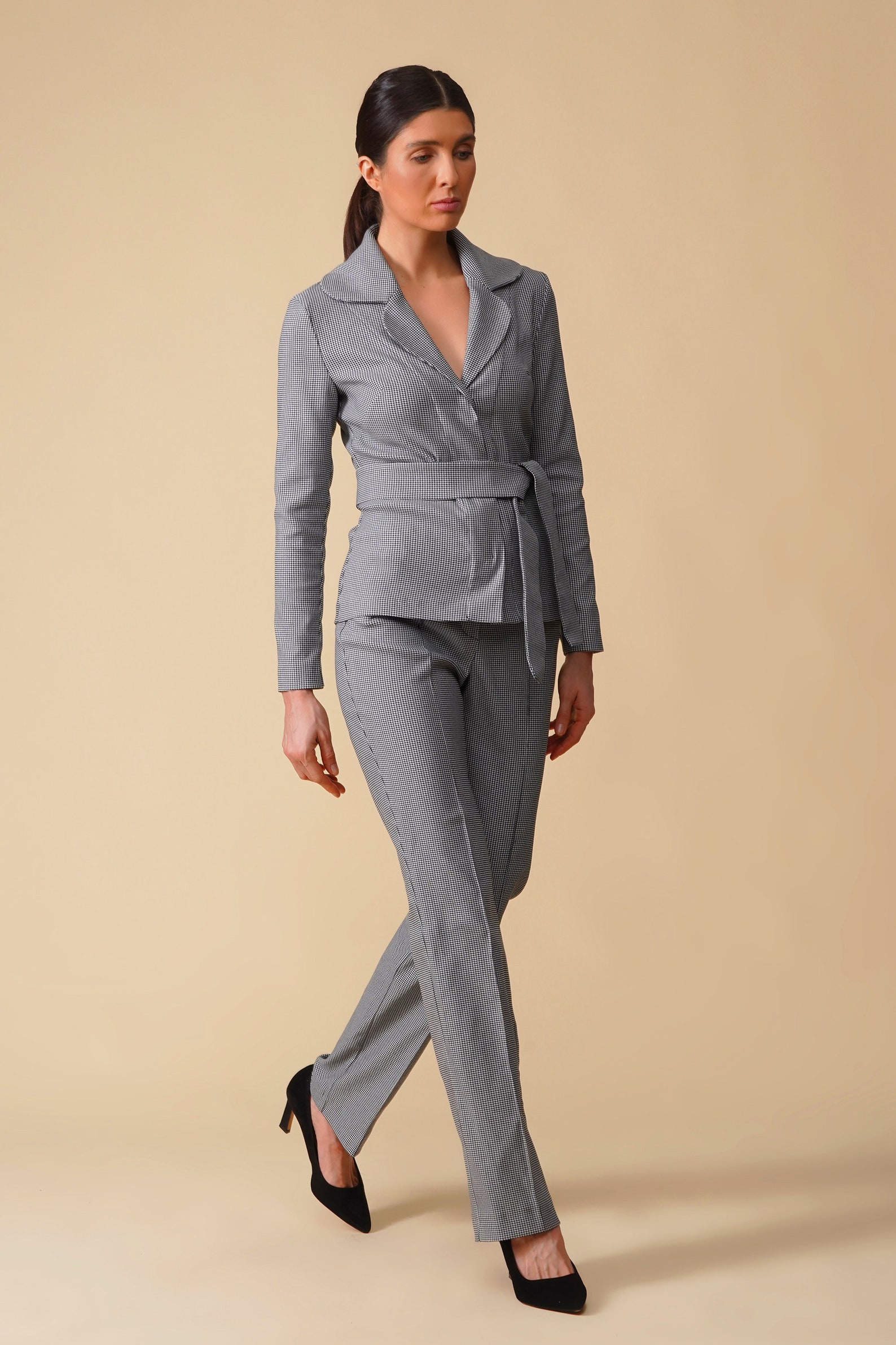 Jersey Womens Pant Suit Gray Houndstooth Casual Pant Suit Etsy