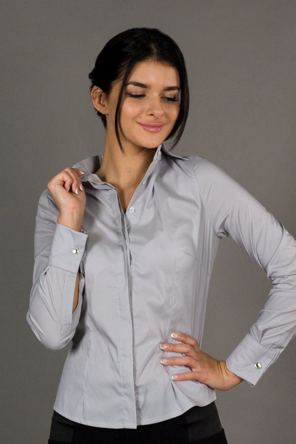 French cuff blouse/ Grey Button down shirts for women/ Cotton Etsy