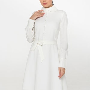 White midi dress long sleeve, High collar dress swing, Courthouse wedding dress, Casual civil wedding, Modest dresses for women