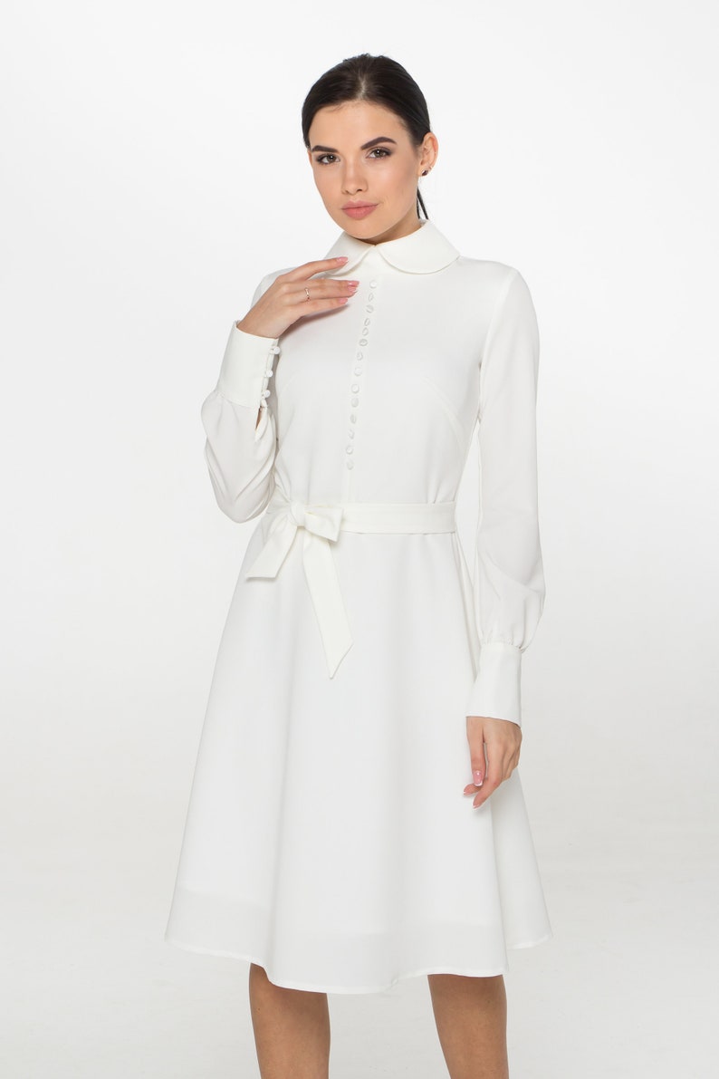 White midi dress long sleeve, High collar dress swing, Courthouse wedding dress, Casual civil wedding, Modest dresses for women