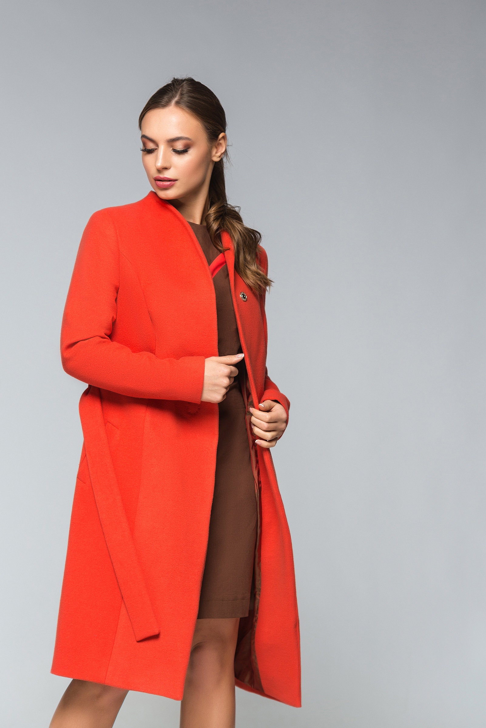 Orange Wool Coat Women Fall Cashmere Peacoat Autumn High Etsy