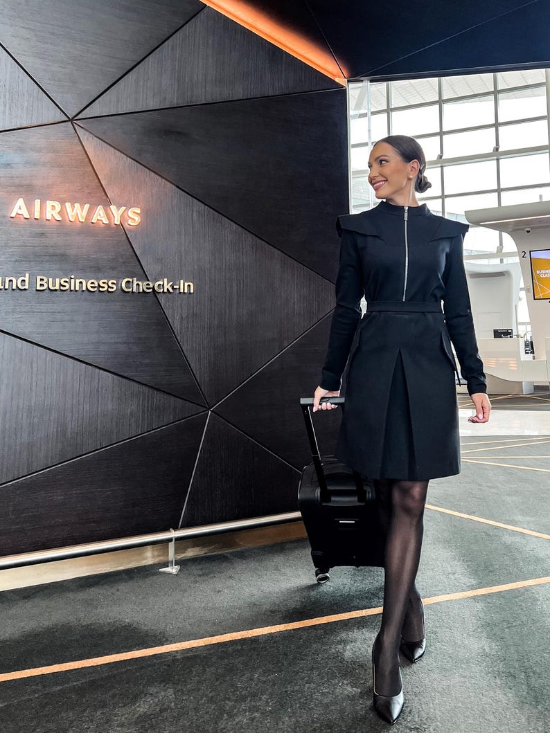 Extravagant black dress long sleeve, Cocktail women's dress fall, High neck work dress, Stand collar  for women, Structured dress