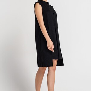 Black Linen Shift Dress summer, Mandarin Collar, Sleeveless Mini Dress image 7