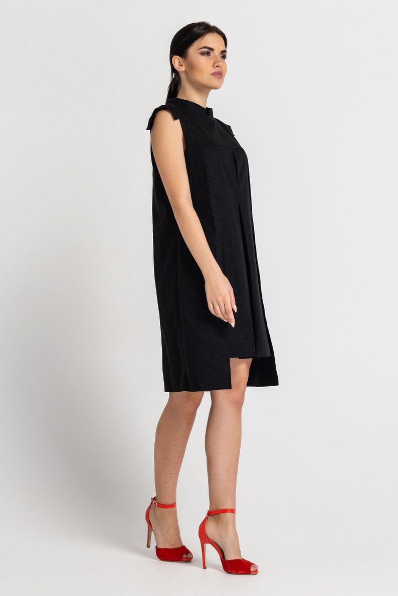 Black Linen Shift Dress summer, Mandarin Collar, Sleeveless Mini Dress image 7