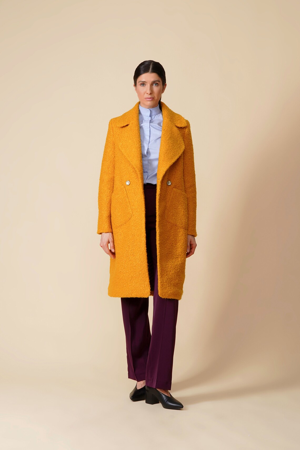 Wool Boucle Coat Women Double Breasted Cloverleaf Lapel Etsy