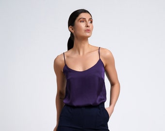 Satin cami top, Silk camisole women, Purple bridesmaid spaghetti strap top, Satin tank top, Gouing out top camis, Blouses woman TAVROVSKA