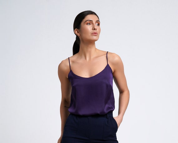 Satin Cami Top, Silk Camisole Women, Purple Bridesmaid Spaghetti Strap Top, Satin  Tank Top, Gouing Out Top Camis, Blouses Woman TAVROVSKA 