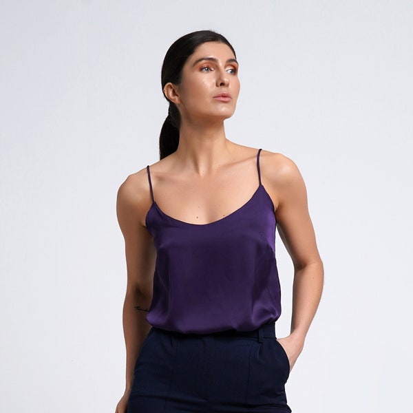 Satin cami top, Silk camisole women, Purple bridesmaid spaghetti strap top, Satin tank top, Gouing out top camis, Blouses woman TAVROVSKA