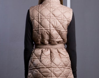 Quilted Vest Women, Long Belted Vest, Zip up Fall Sleeveless
