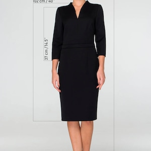 Black midi dress, Work dresses for women, Modest cocktail wedding guest dress, Modern office dress, Business professional dress