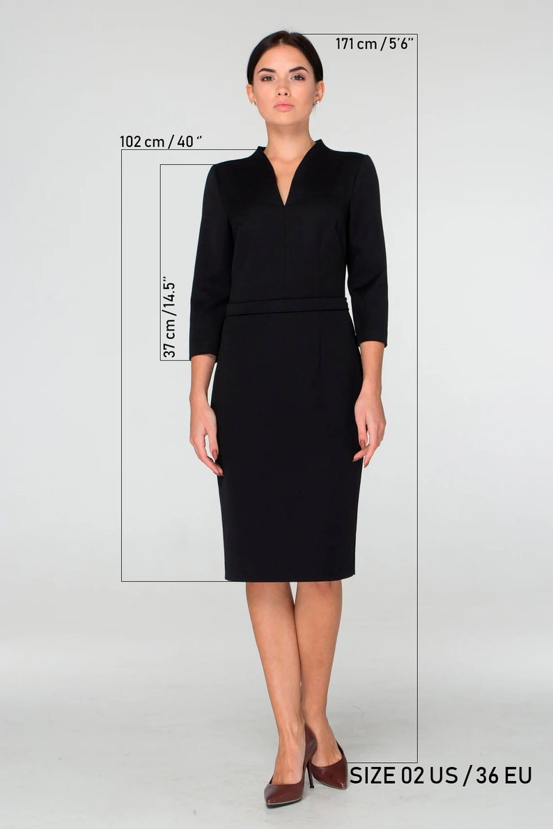 Black midi dress, Work dresses for women, Modest cocktail wedding guest dress, Modern office dress, Business professional dress