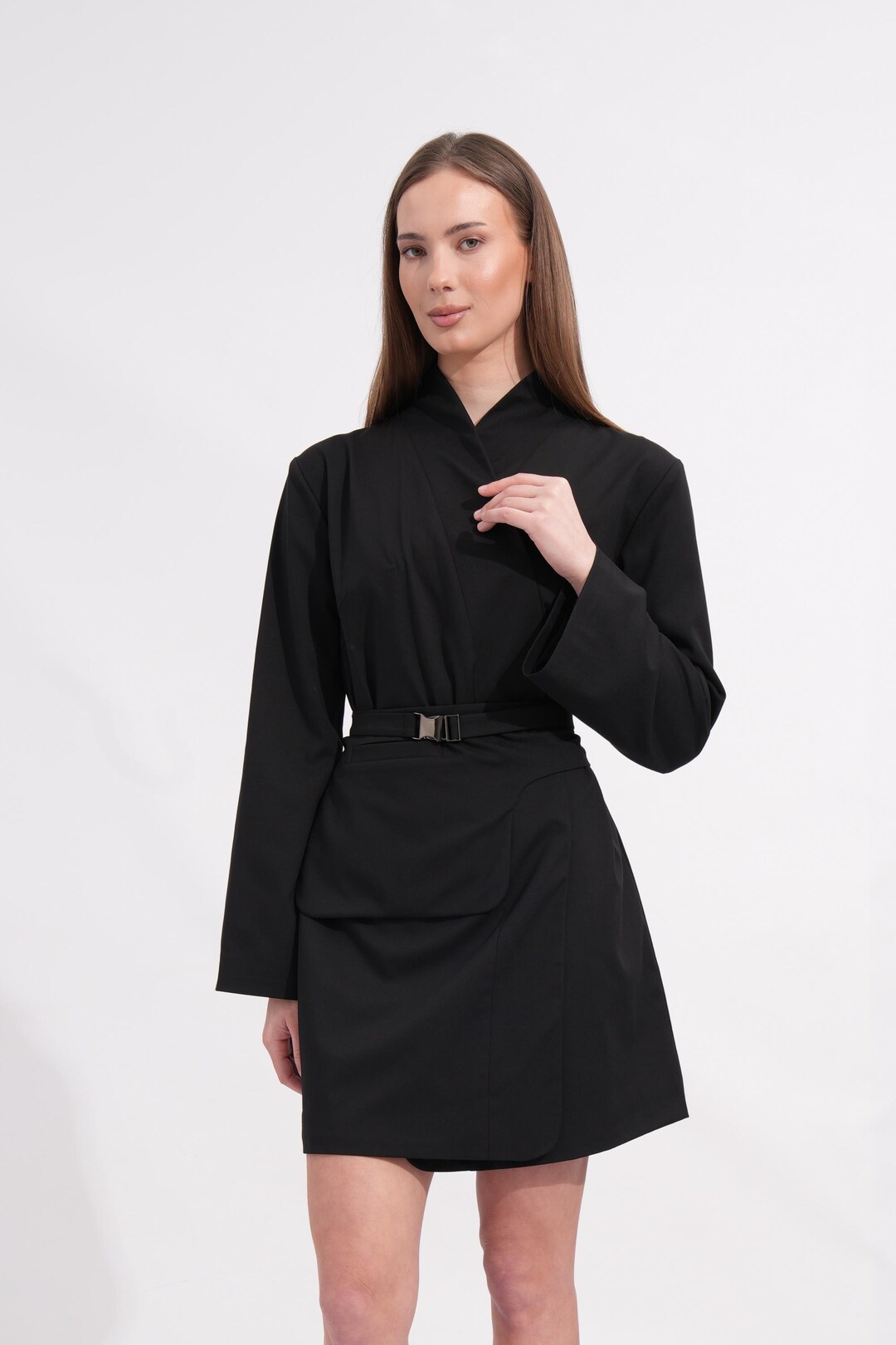 japanese style black dress Black Kimono Dress Japanese minimalist Mini Detachable Pocket-Belt Blazer Semi formal women Modern Wrap Long Sleeve Structured attire