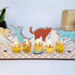 Hanukkah Menorah | Cat Lover&#39;s Menorah | Jewish Hanukkah Decor | Unique Israeli Judaica Art | Wooden Cat Themed Menorah | Jewish Art