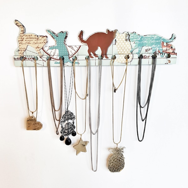 Cat Design Jewlery Rack | Supports à bijoux chats pour mur | Crochets collier | Rack avec crochets | Cadeau d’amoureux de chat pour des femmes | Organisateur de bijoux