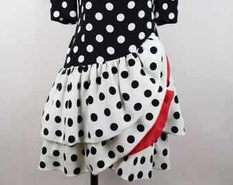 AKRIS 1980s Flamenco Dress-Inspired Black and Creme-White Polka Dot Flounced Silk Dress with Red Accent Size M-L