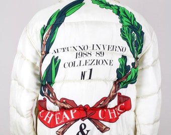 MOSCHINO A/W 1988-89 First Cheap & Chic Collection Off-White Laurel Design Padded Jacket with Hood  Size S-M