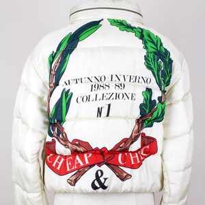 MOSCHINO A/W 1988-89 First Cheap & Chic Collection Off-White Laurel Design Padded Jacket with Hood  Size S-M