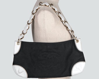 CHANEL Black Canvas & White Leather "Olsen" CC Stitching Shoulder Bag, 2003/2004