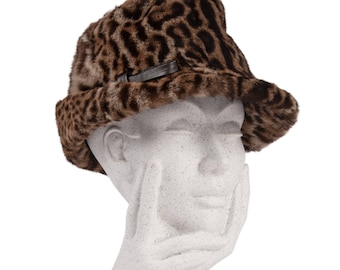 1960s Ocelot Animal Print Leather Bow Embellished Brown Black Genuine Fur Hat