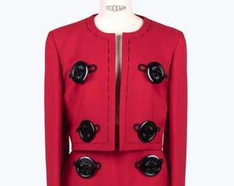 A/W 1990-1991 MOSCHINO COUTURE Red Wool Needle Motif Huge Buttons Jacket & Skirt Suit