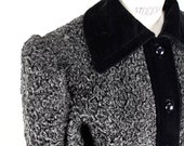 YSL Yves Saint Laurent Rive Gauche 1980s Grey Faux Fur Persian Lamb Astrakhan Coat Jacket With Black Velvet Trim Size S-M