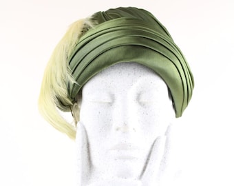 1950s Numbered Pleated & Draped Olive Green Silk Satin Wedding/Cocktail/Formal Hat Adorned With Peach Feathers Fits Most Sizes