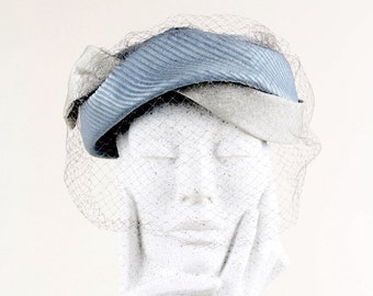 MADY MAUVAN 1950s French Aquamarine and Silver Cocktail Hat With Light Grey Veil Wedding/Races/Cocktail/Special Occasion  Fits Most Sizes