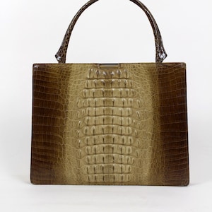 1960s Vintage Crocodile Effect Leather Top Handle Bag Shades of Beige and Brown Gift for Her