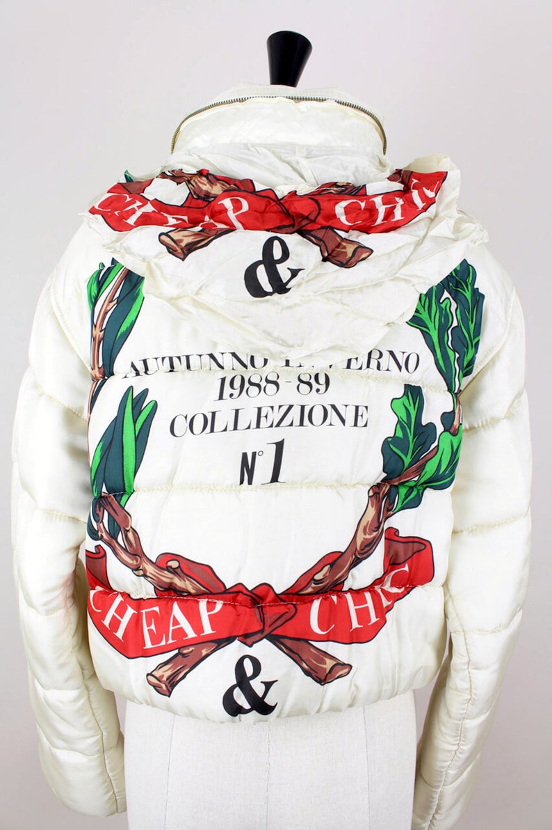 MOSCHINO A/W 1988-89 First Cheap & Chic Collection Off-White Laurel Design Padded Jacket with Hood Size S-M image 5