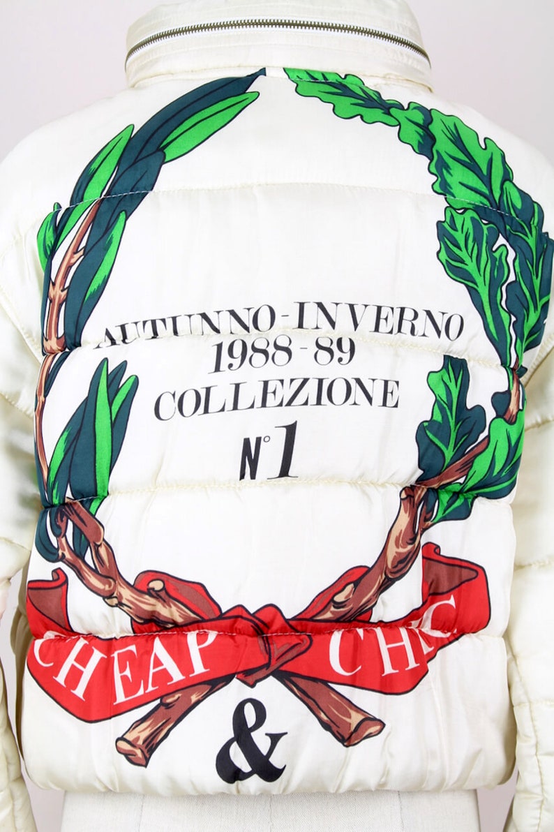 MOSCHINO A/W 1988-89 First Cheap & Chic Collection Off-White Laurel Design Padded Jacket with Hood Size S-M image 6