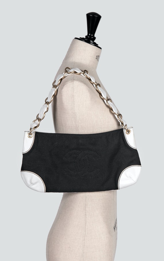 CHANEL Black Canvas & White Leather olsen CC - Etsy UK CHANEL Black Canvas & White Leather olsen CC - Etsy UK