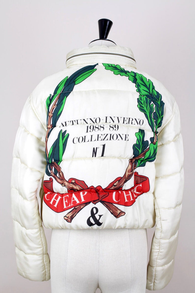 MOSCHINO A/W 1988-89 First Cheap & Chic Collection Off-White Laurel Design Padded Jacket with Hood Size S-M image 1