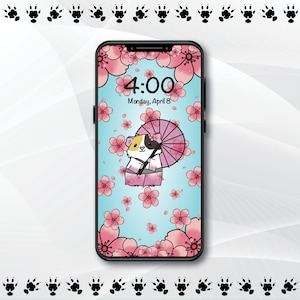 May include: A smartphone screen displaying a digital clock showing 4:00 with the date Monday, April 8. The background is a blue sky with pink cherry blossoms and a cartoon guinea pig wearing a pink kimono and holding a pink umbrella.