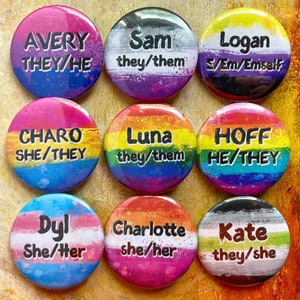 Painted Pride Flag Custom Name & Pronoun Buttons - Personalized button with your choice of LGBTQIA+ flag background, bulk options available!