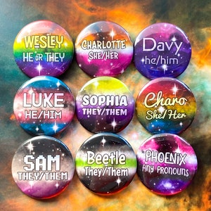 Cosmic Pride Flag Custom Name & Pronoun Buttons - Personalized button with your choice of LGBTQIA+ flag background, bulk options available!