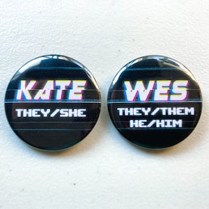 Retro VHS style Name & Pronoun buttons - Custom made to order; Bulk options available!