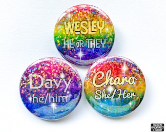 Sparkle Cosmic Pride Flag Custom Name & Pronoun Buttons - Personalized button with your choice of LGBTQIA+ flag background