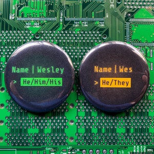 Retro Computer Terminal Name & Pronoun buttons - Custom made to order; Bulk options available!